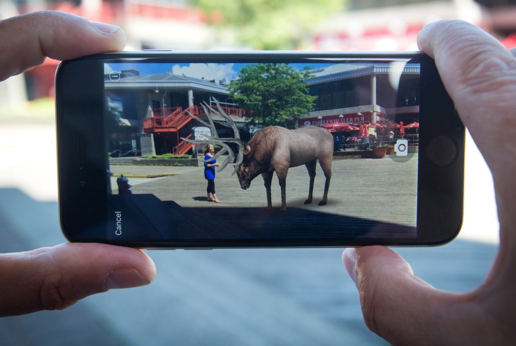 Tammy Meyers, Co-Founder and Chief Operating Officer of QuestUpon Technologies Inc., is seen with a digital elk on the company's app as she stands for a photograph at the Quay in New Westminster